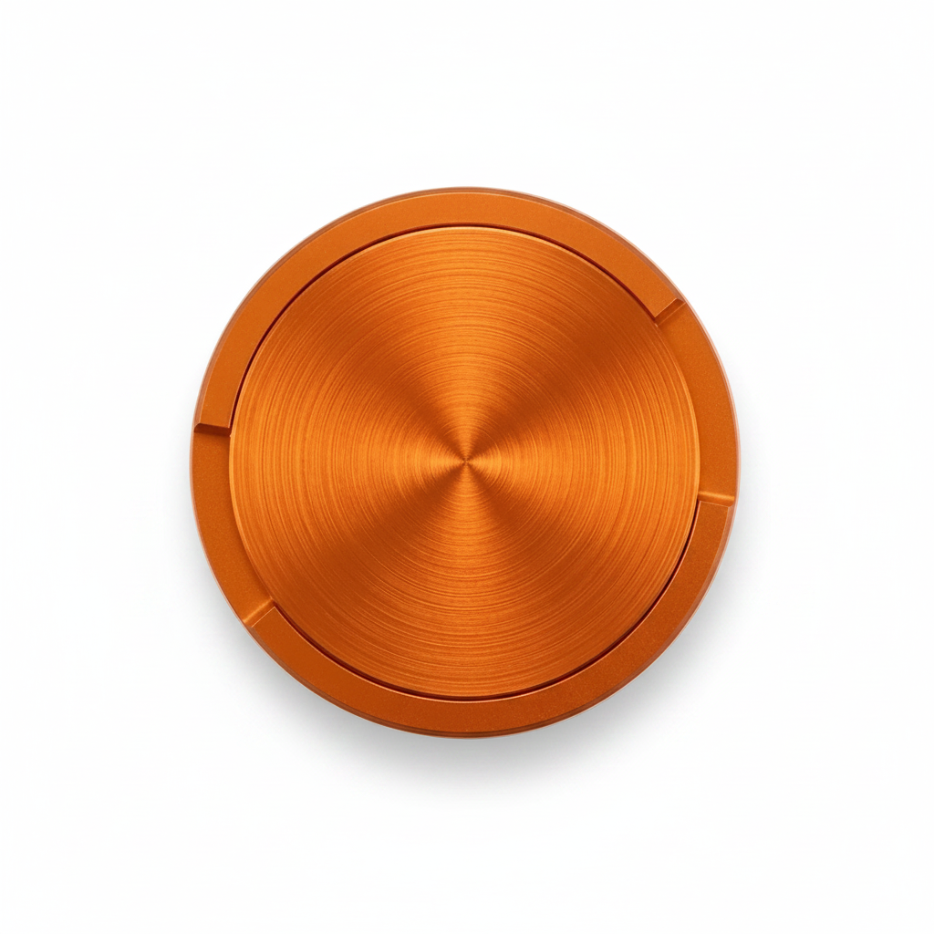 Stilren orangea metall snusdosa i aluminium med gummipackning för refill.