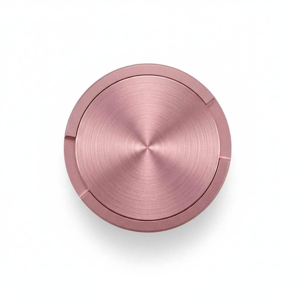 Stilren rosa metall snusdosa i aluminium med gummipackning för refill.