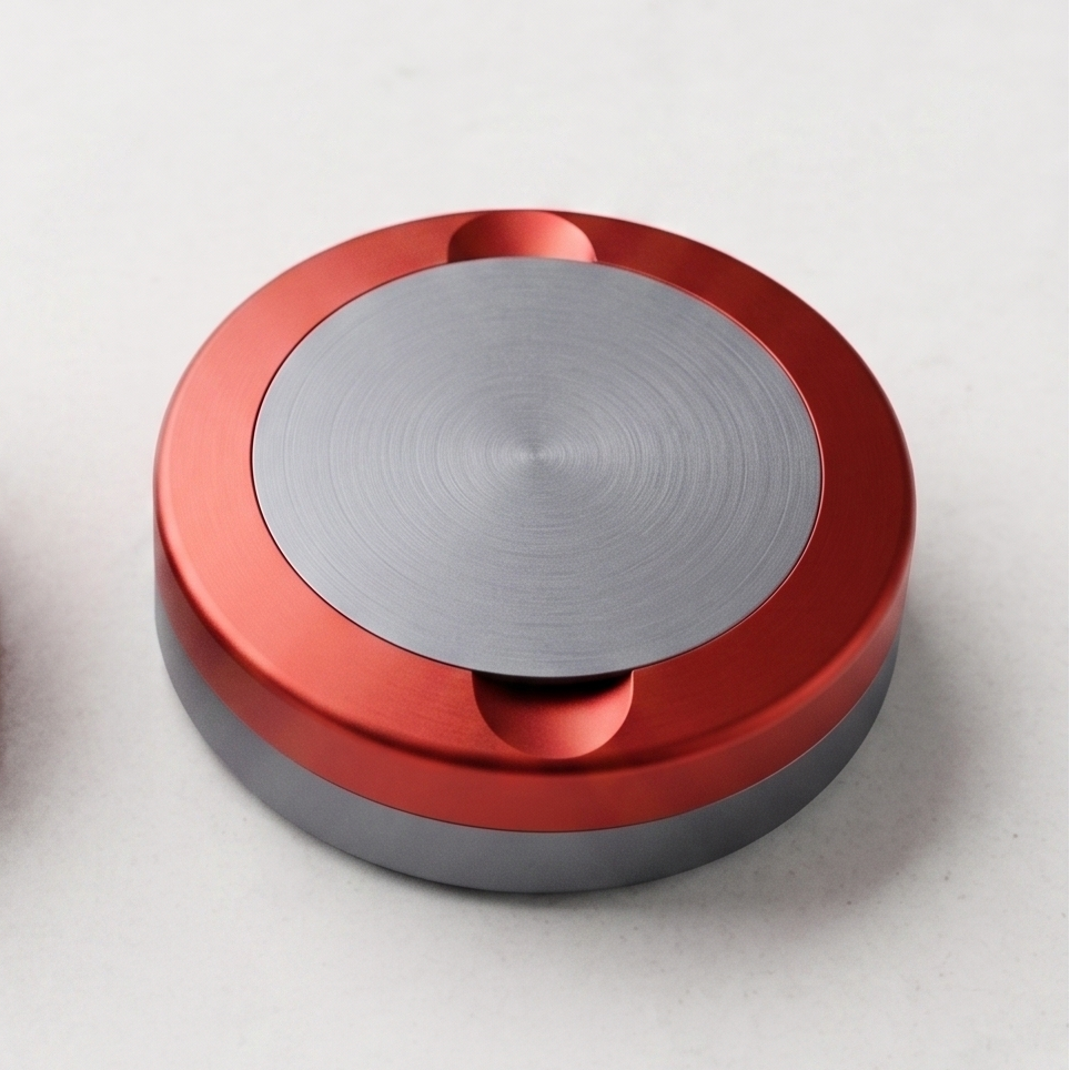 Tvåfärgad slim snusdosa i aluminium med grå lock och botten samt röd ring i mitten från Duo Edition.
