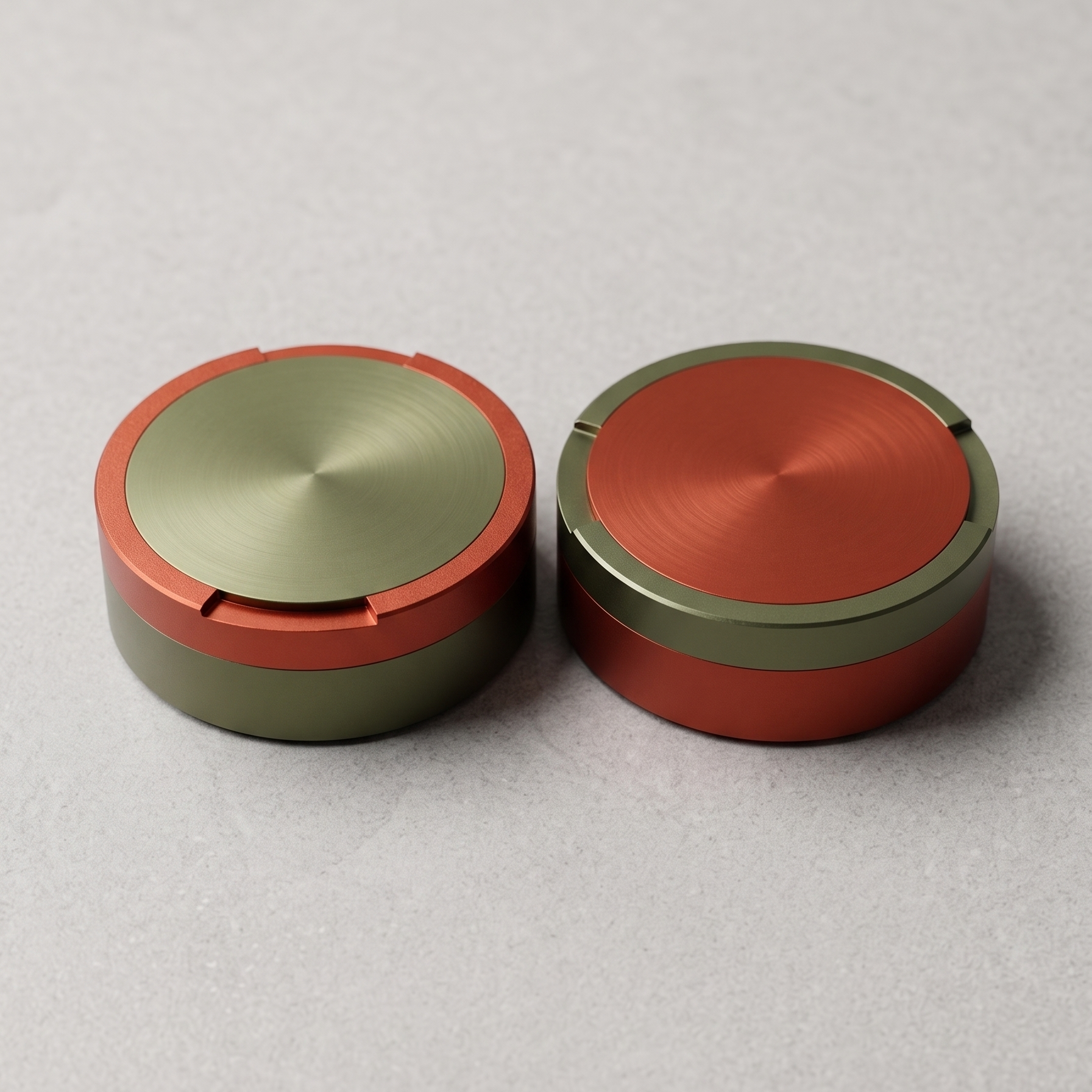 En parbild med två runda metalldosor i storlek large, sida vid sida på en ljusgrå yta. En dosa är olivgrön med orange ring, den andra är orange med en olivgrön ring. 