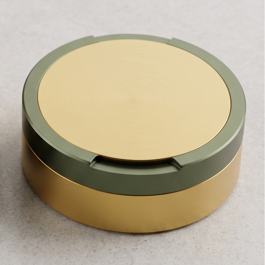 Tvåfärgad snusdosa i aluminium med guldfärgat lock och botten samt olivgrön ring i mitten från Duo Edition.