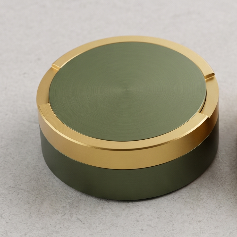 Tvåfärgad snusdosa i aluminium med olivgrönt lock och botten samt guldring i mitten från Duo Edition.