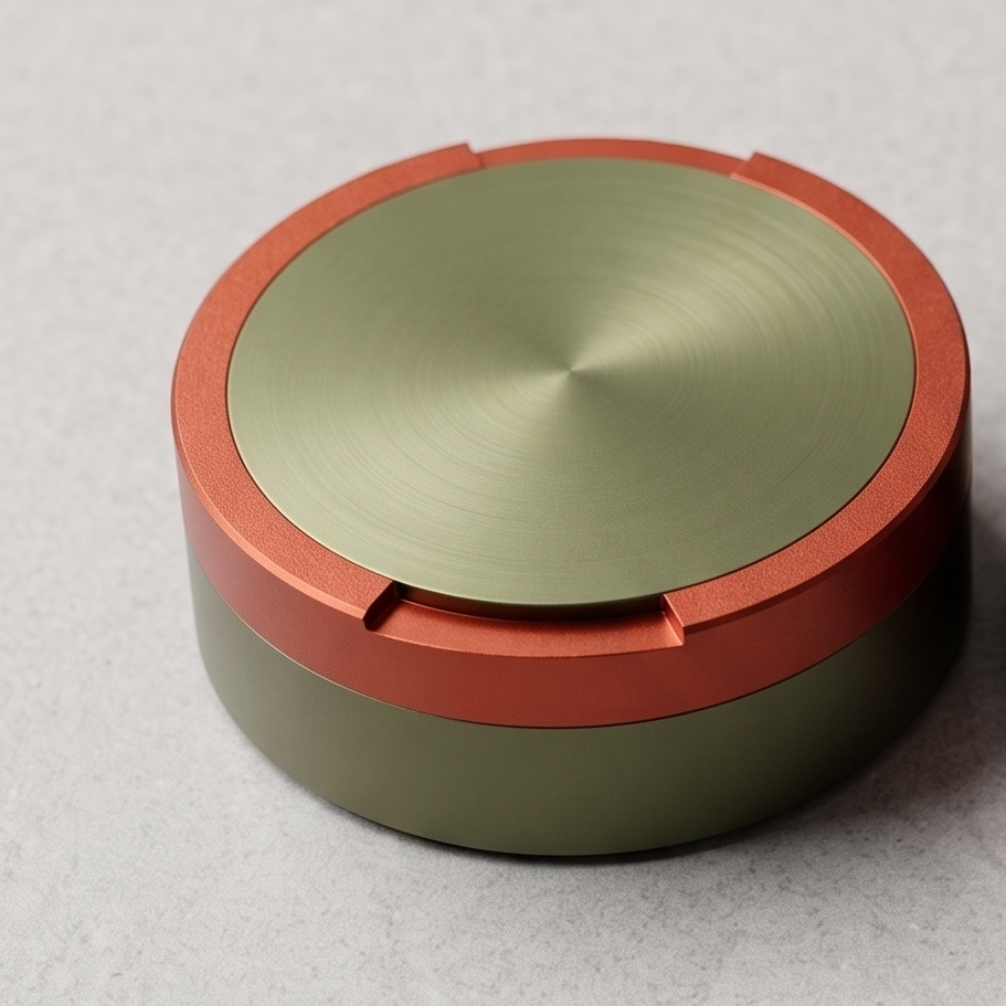 Tvåfärgad snusdosa i aluminium med olivgrönt lock och botten samt orange ring i mitten från Duo Edition.