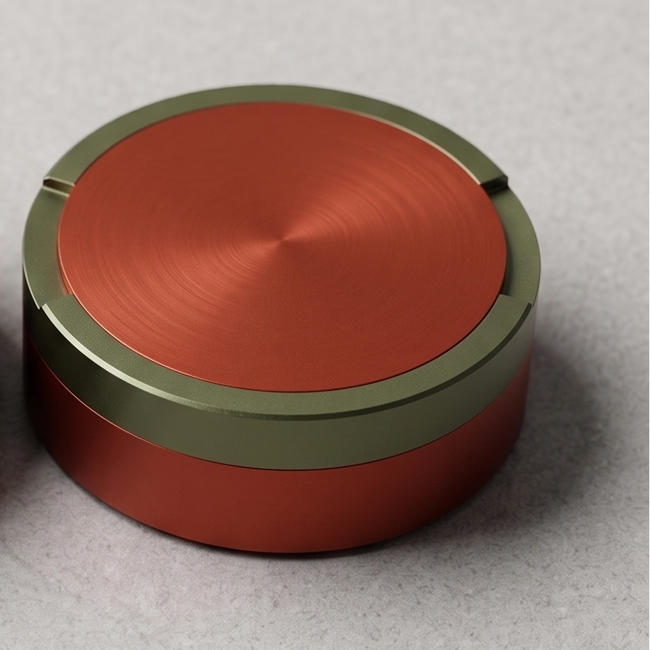 Tvåfärgad snusdosa i aluminium med orangefärgat lock och botten samt olivgrön ring i mitten från Duo Edition.