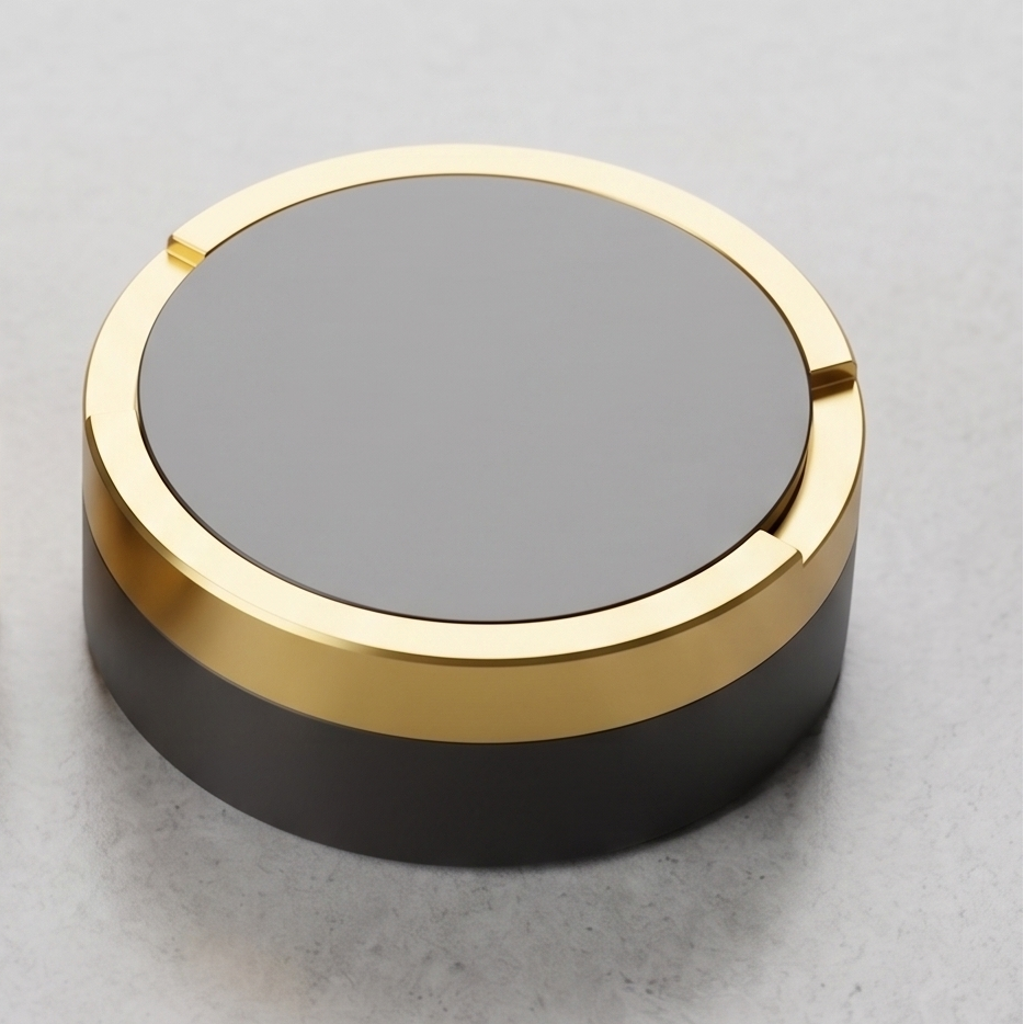 Tvåfärgad snusdosa i aluminium med svart lock och botten samt guldig ring i mitten från Duo Edition.