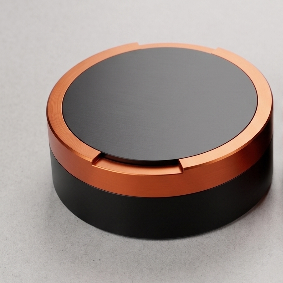Tvåfärgad snusdosa i aluminium i färgerna svart/orange/svart från Duo Edition.